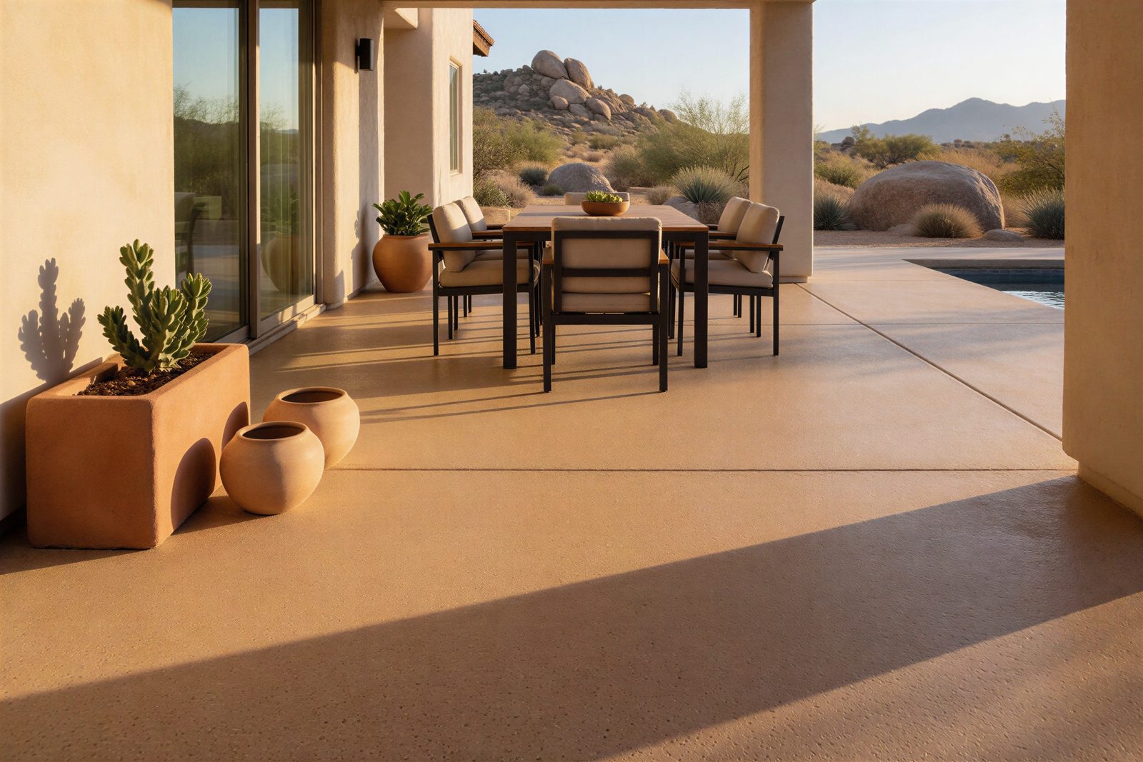 Round outdoor table and two chairs casting shadows on a gray concrete patio