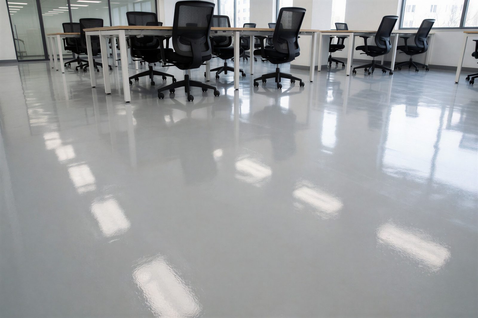 Open office with a red spiral staircase and glossy gray floor with red and yellow line markings