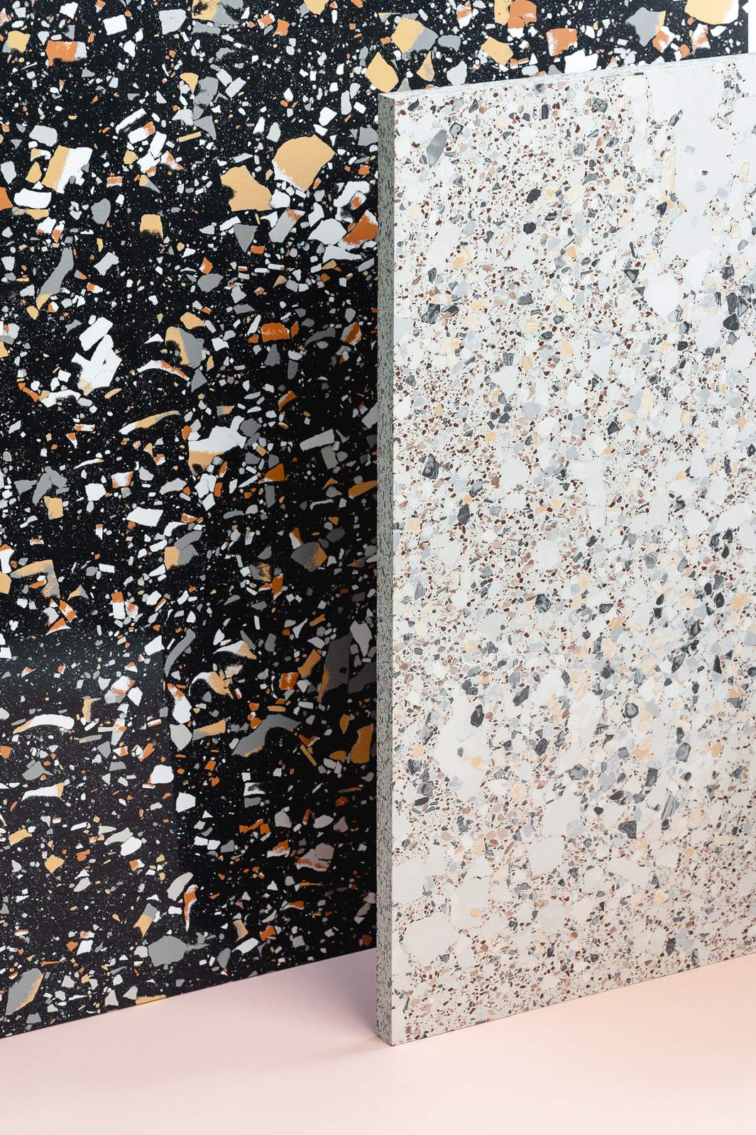 Close-up of black, white and gray decorative flake floor texture